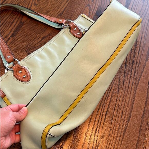 Coach Hallie Leather Colorblock Tote Bag Aqua Blue Lime Green J1294-22430 - Picture 9 of 12